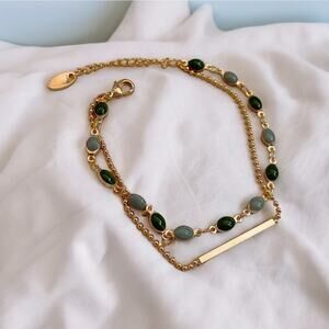 NEW 18K yellow gold plated double layer bar green bead bracelet jewelry B19A